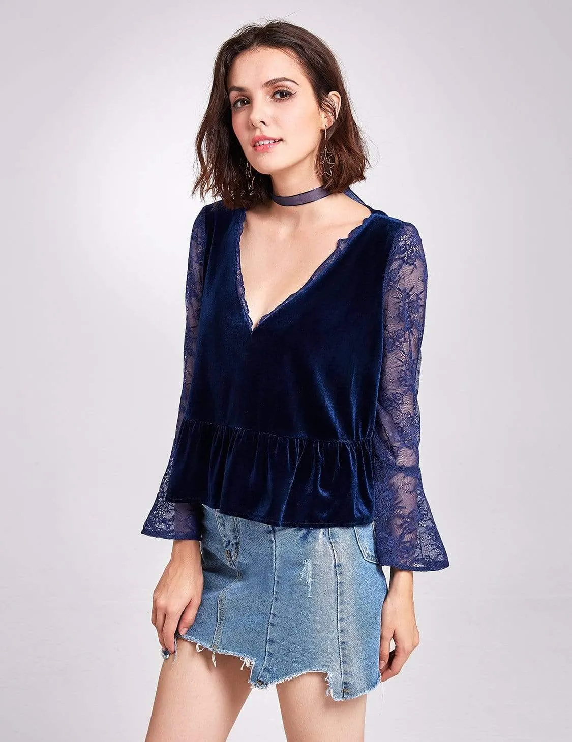 Alisa Pan Long Sleeves Lace and Velvet Top