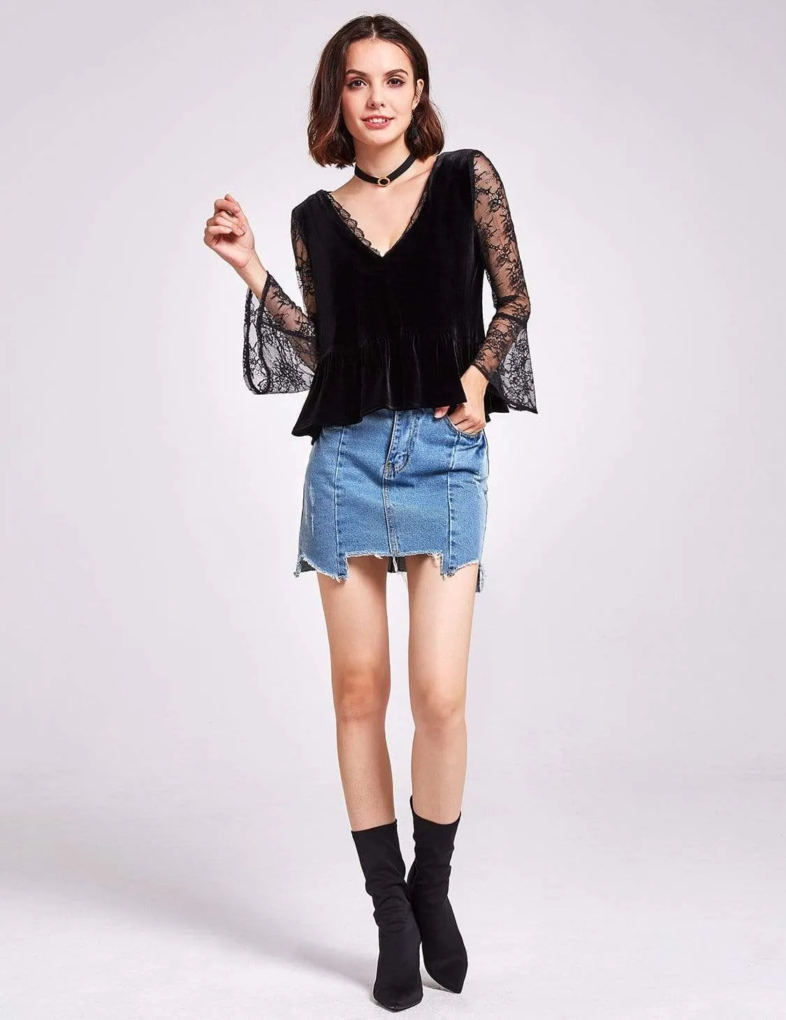 Alisa Pan Long Sleeves Lace and Velvet Top