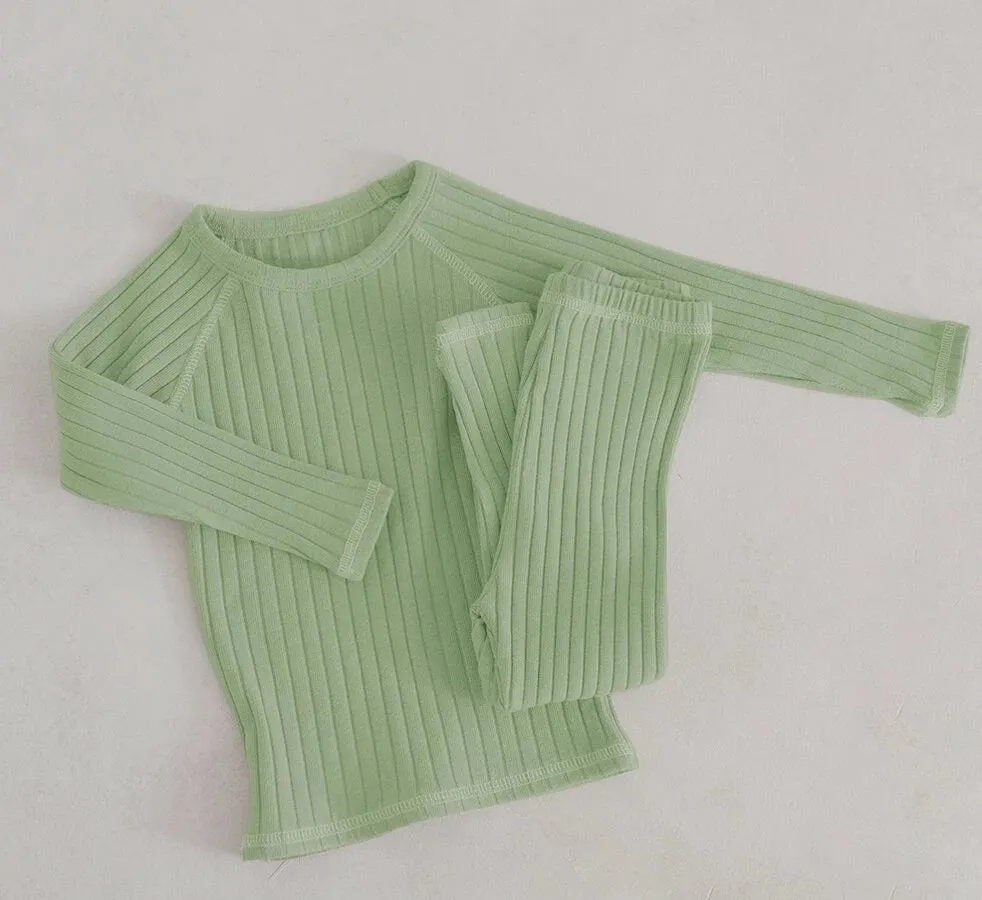 Autumn Children Set Boys Girls Homewear Pajama Set Ribbed Cotton Full Sleeve T-shirt Pants Sets for Kids