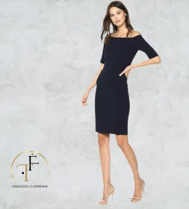 Calvin Klein Navy Off The Shoulder Sheath Dress UK 12 US 8 EU 40