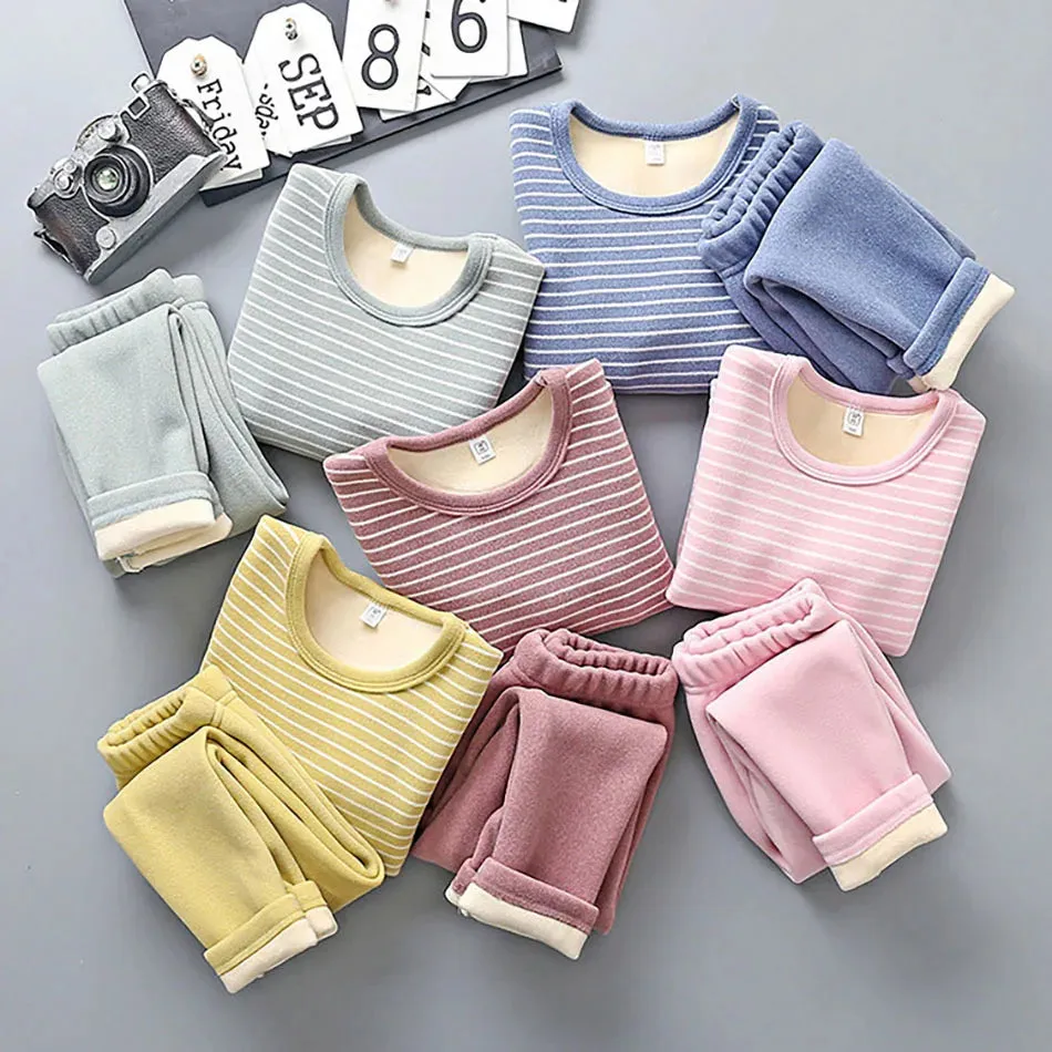 Cozy Warmth Plush Lined Children Striped Pajama Sets Designed for Autumn and Winter Homewear Suitable Kids Daily Wear and Sleep