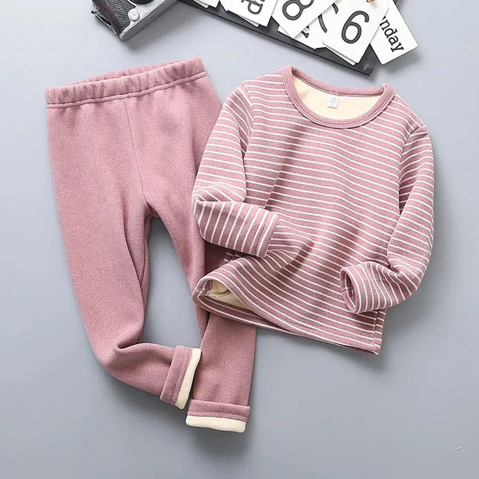 Cozy Warmth Plush Lined Children Striped Pajama Sets Designed for Autumn and Winter Homewear Suitable Kids Daily Wear and Sleep