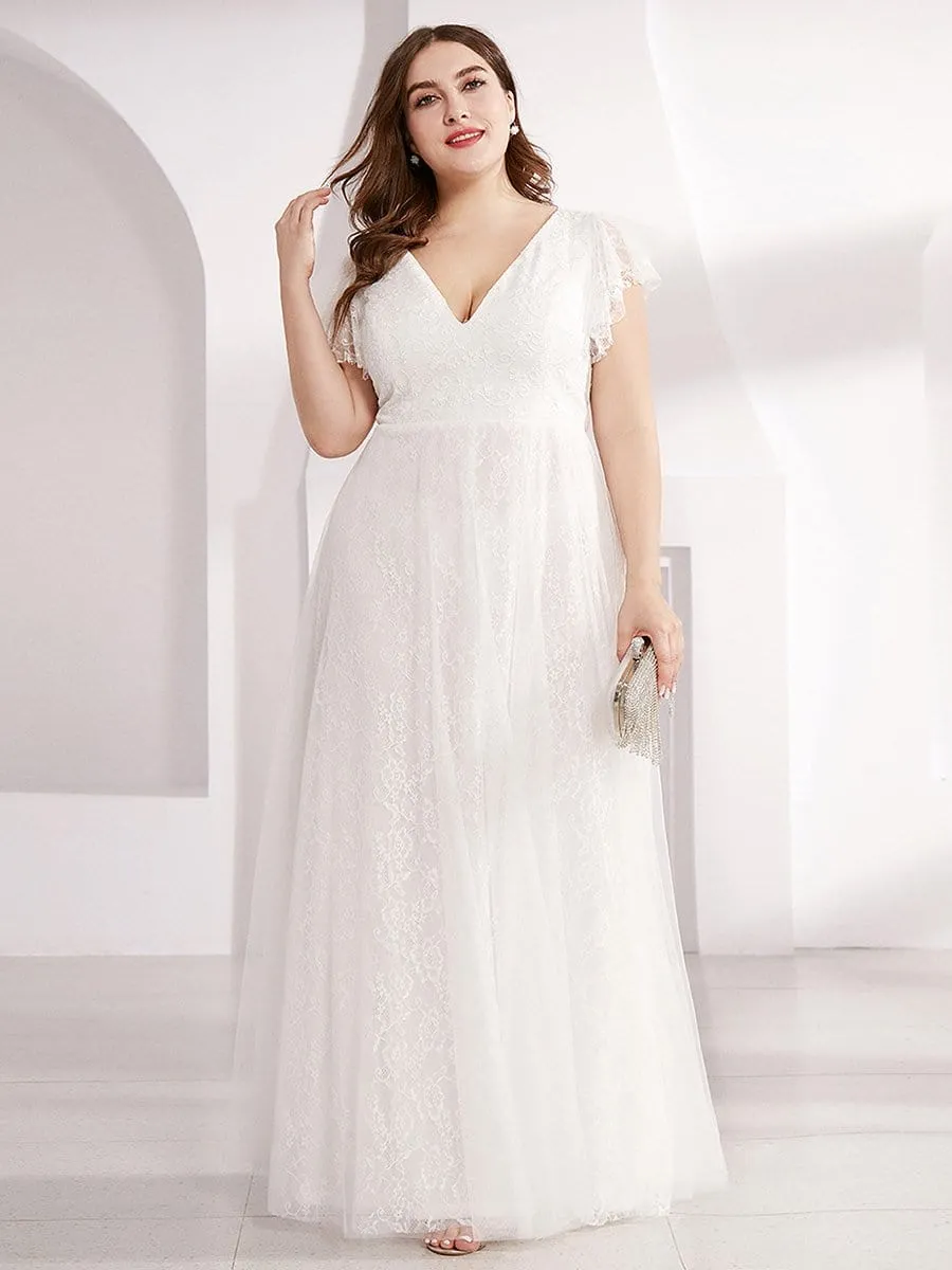 Elegant Maxi Lace Elopement Wedding Dress with Ruffle Sleeves