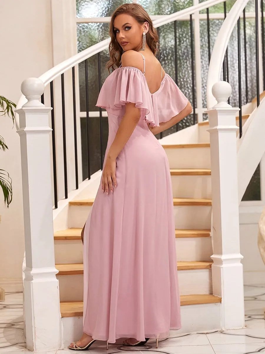 Floor-Length Cold Shoulder Ruffle Bridesmaid Dress