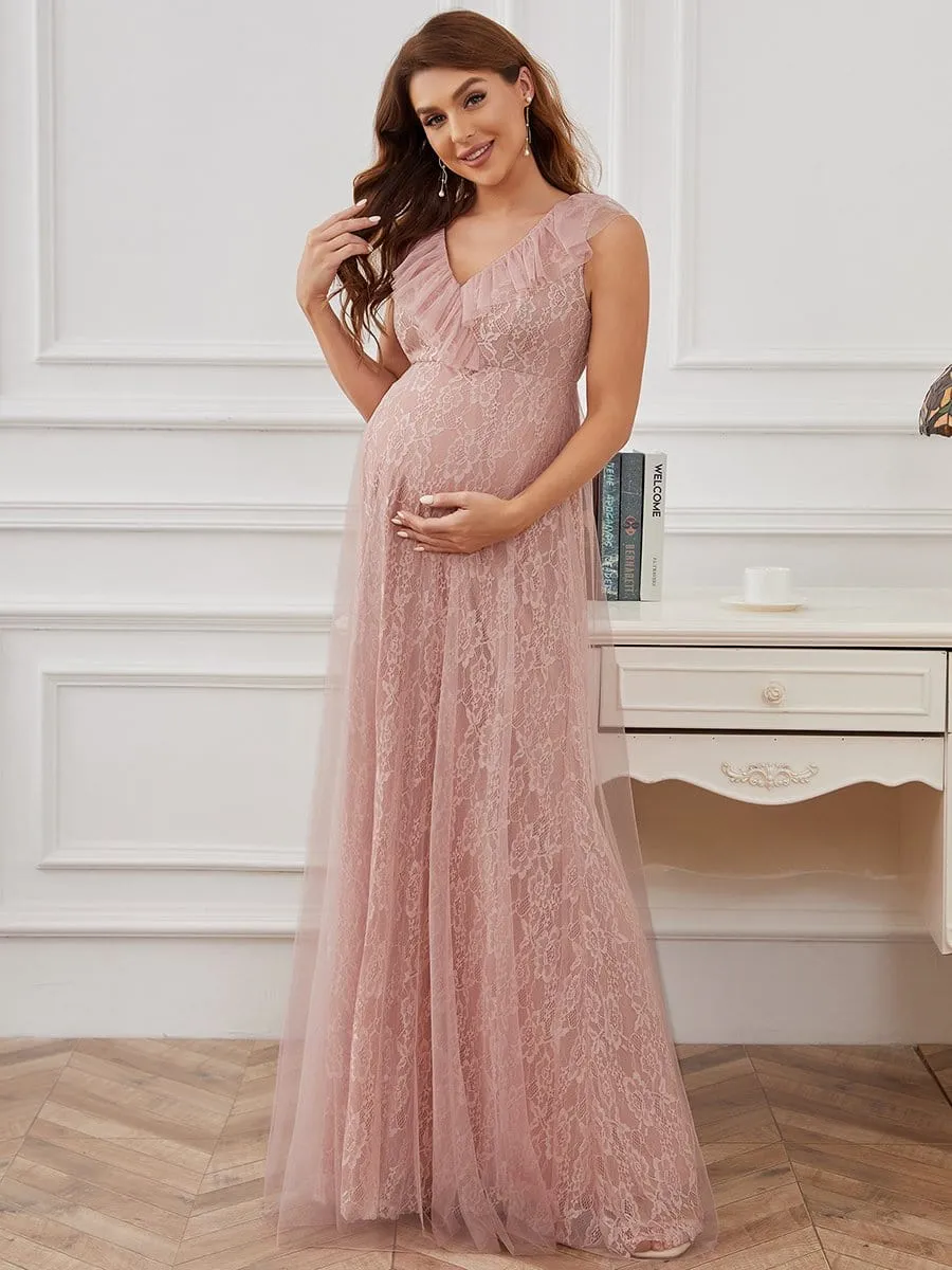 Floor Length Vintage Lace Ruffle Sleeve Maternity Dress