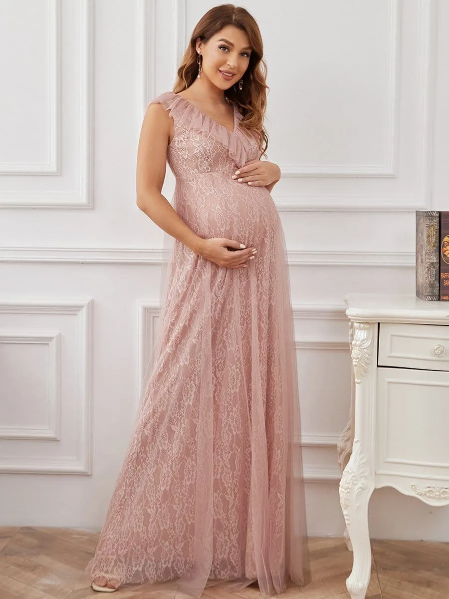 Floor Length Vintage Lace Ruffle Sleeve Maternity Dress