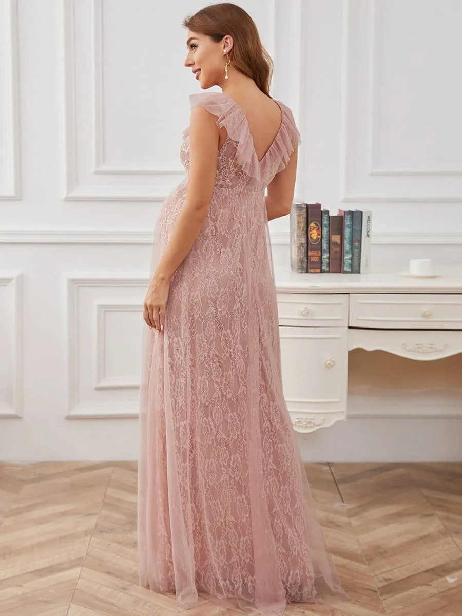 Floor Length Vintage Lace Ruffle Sleeve Maternity Dress