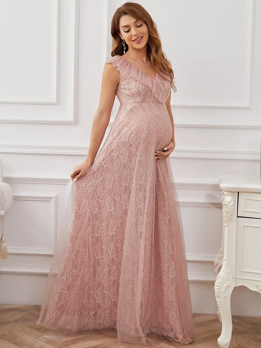 Floor Length Vintage Lace Ruffle Sleeve Maternity Dress