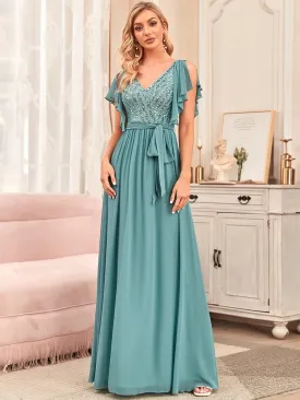 Flutter Sleeve Tie-Waist Sequin A-Line Bridesmaid Dress