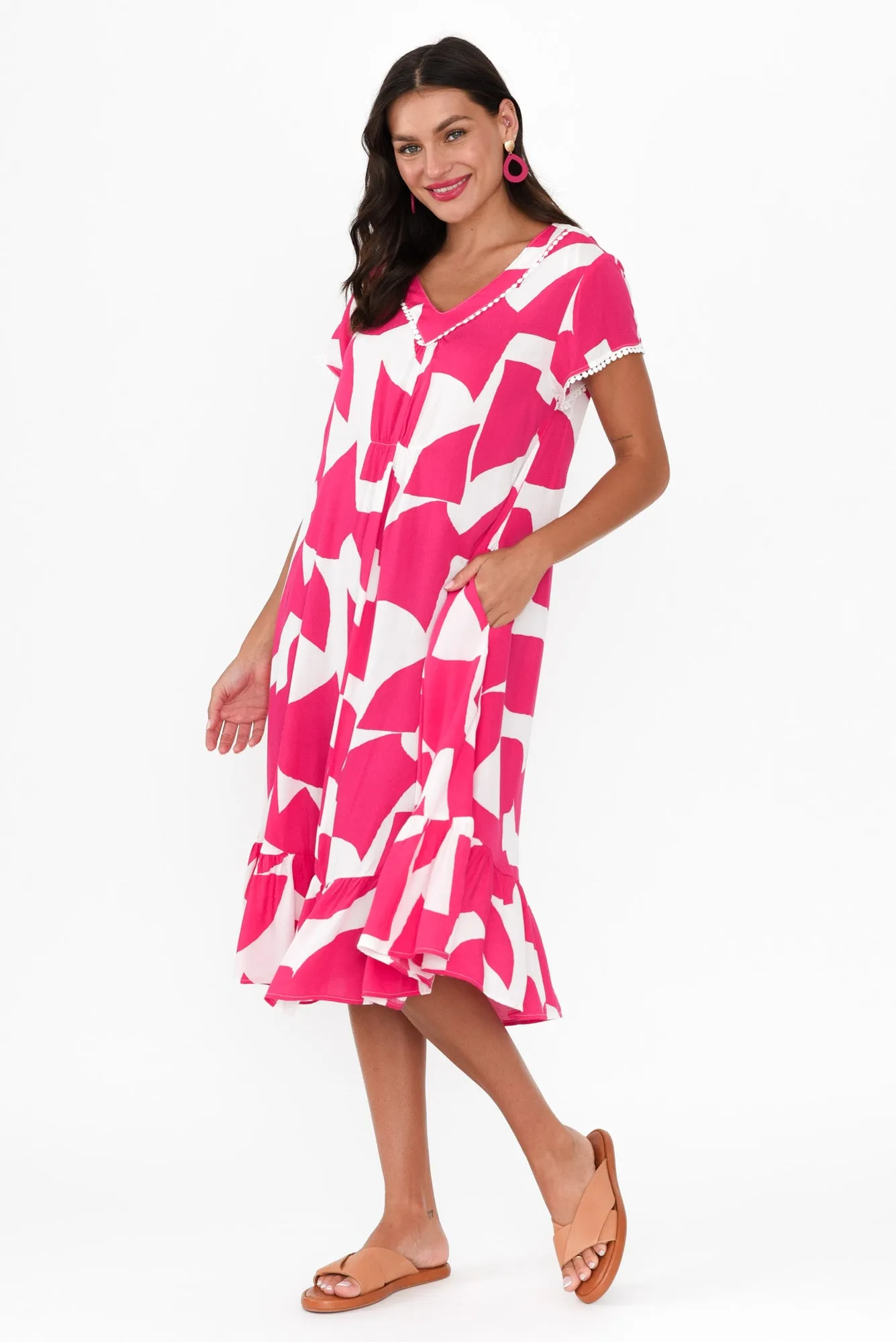 Karlie Pink Abstract V Neck Dress