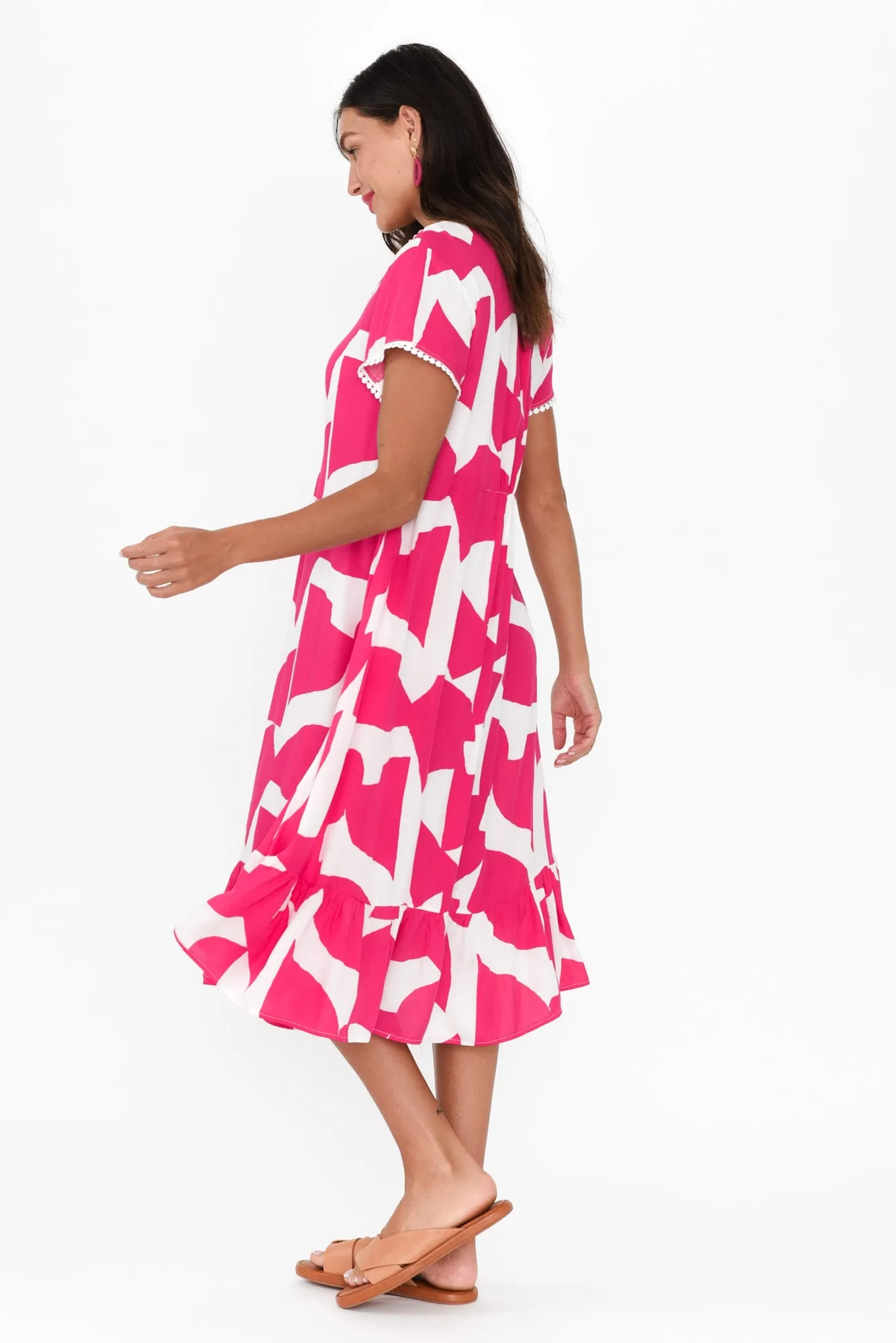 Karlie Pink Abstract V Neck Dress