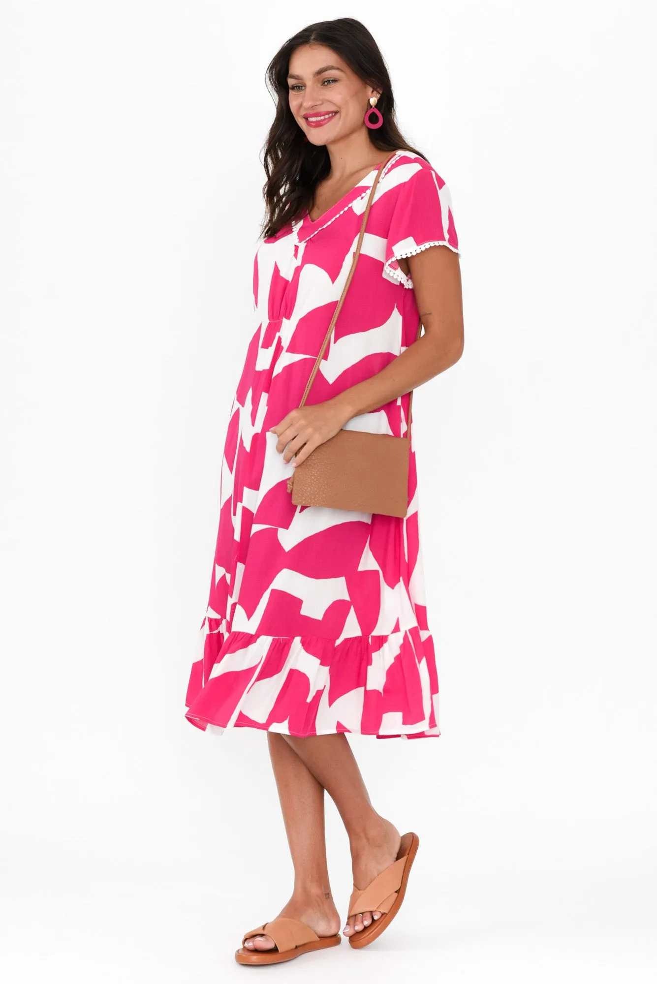 Karlie Pink Abstract V Neck Dress