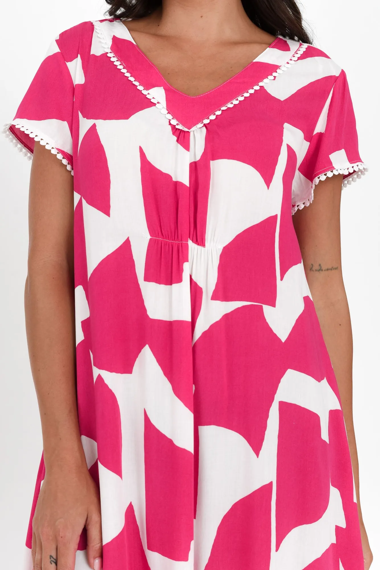 Karlie Pink Abstract V Neck Dress