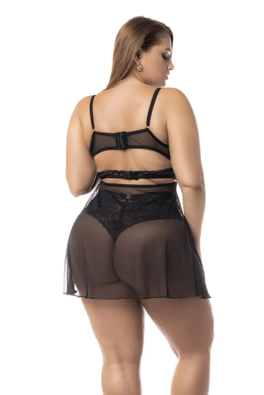 Mapale 7489X Curvy Size Two-in-One Babydoll and Two Piece Lingerie Set Color Black