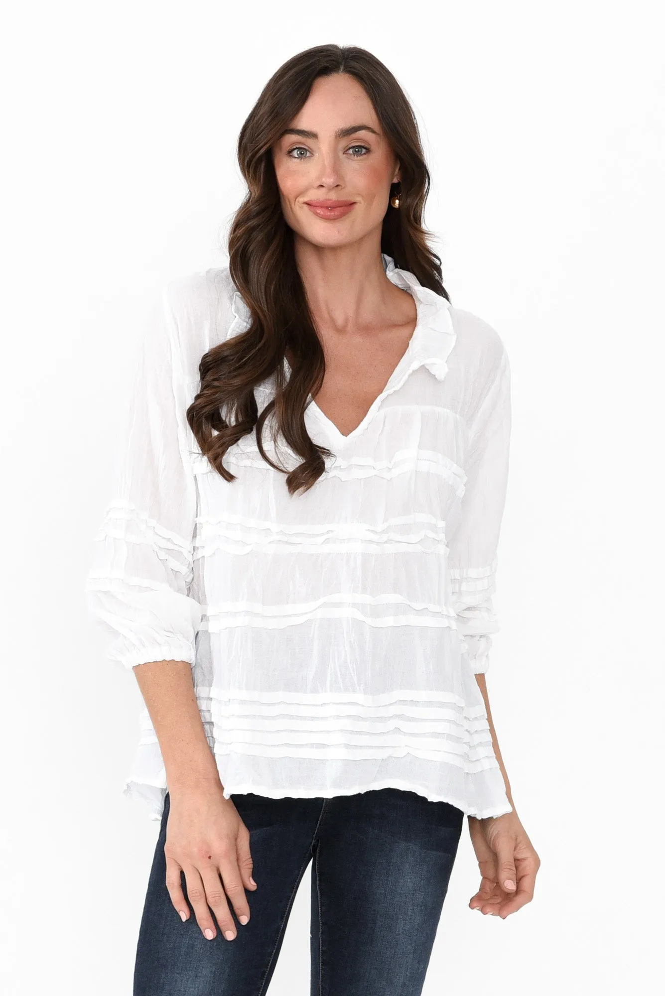 Palmer White Cotton Long Sleeve Top