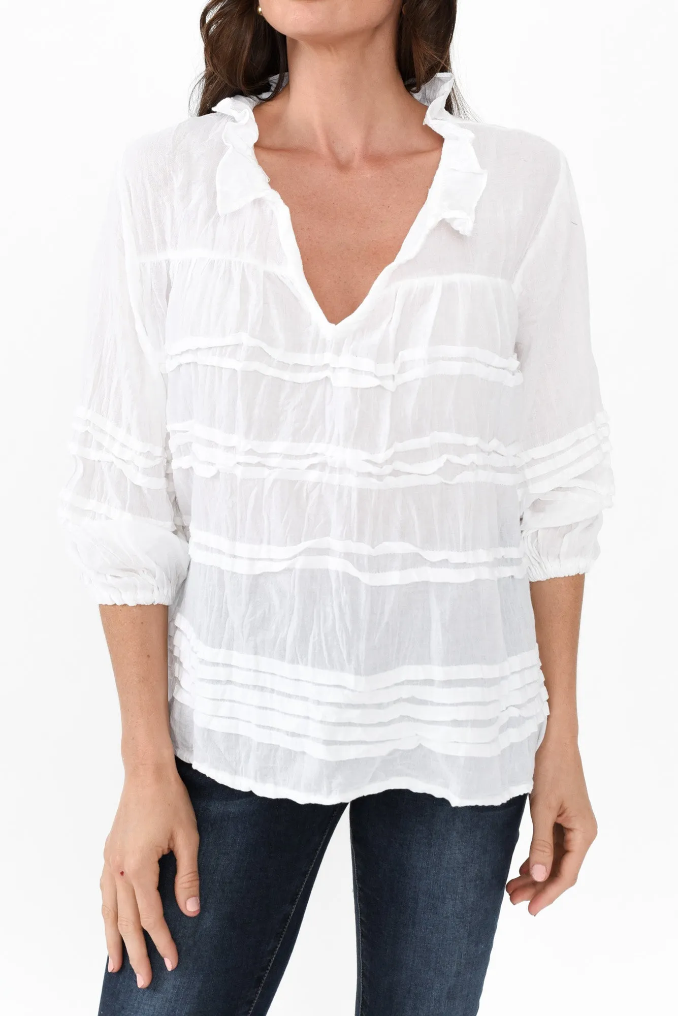 Palmer White Cotton Long Sleeve Top