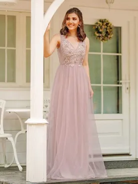 Pink Floral Applique V Neck Long Tulle Bridesmaid Dress