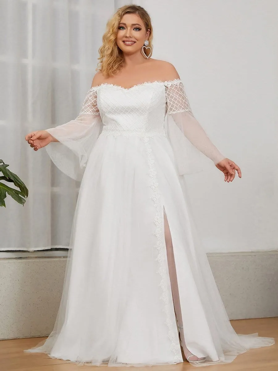 Plus Size Sheer Bell Sleeve Off the Shoulder Lace Wedding Dress