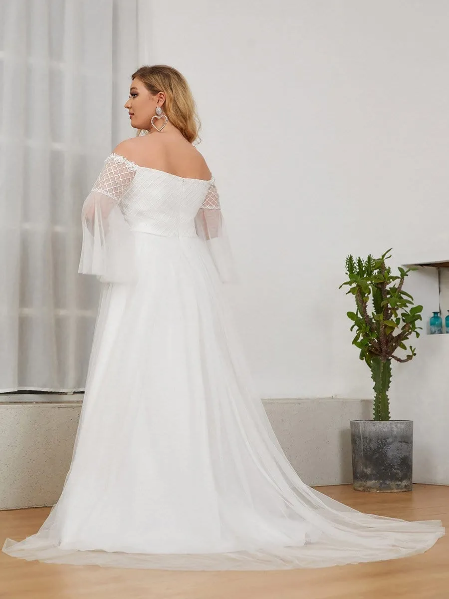 Plus Size Sheer Bell Sleeve Off the Shoulder Lace Wedding Dress