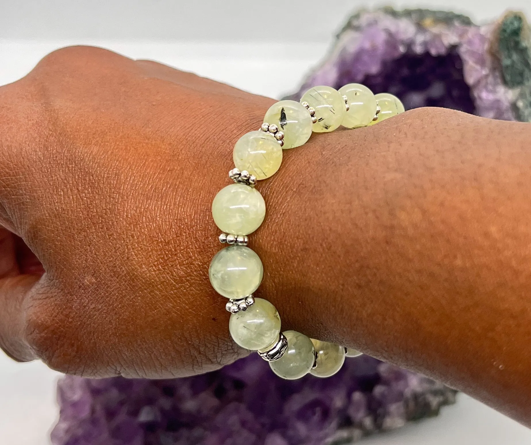 Prehnite "Healers Stone" 10mm Stretchy Bracelet w/Tibetan Silver Spacers