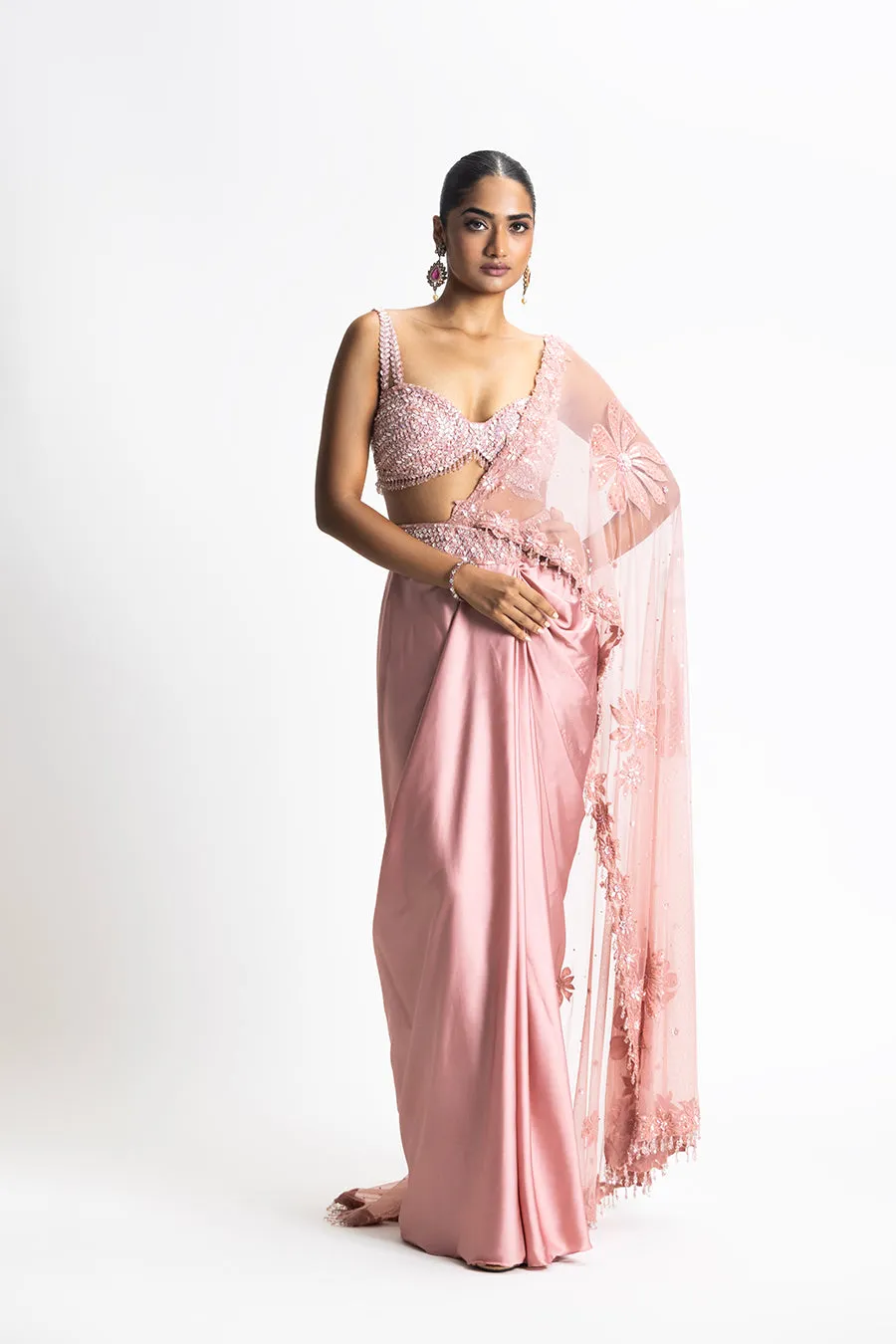 ROSE PINK SATIN DRAPED SAREE