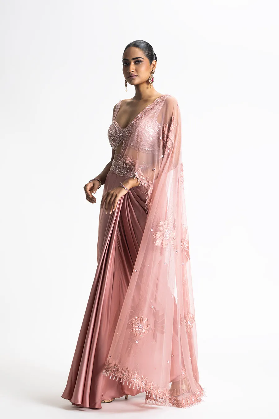 ROSE PINK SATIN DRAPED SAREE