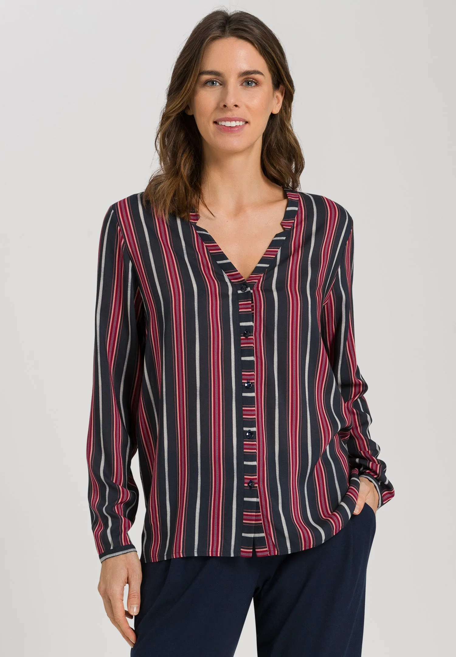 Sleep And Lounge Button Front Shirt | Marsala Stripe 77611-2984