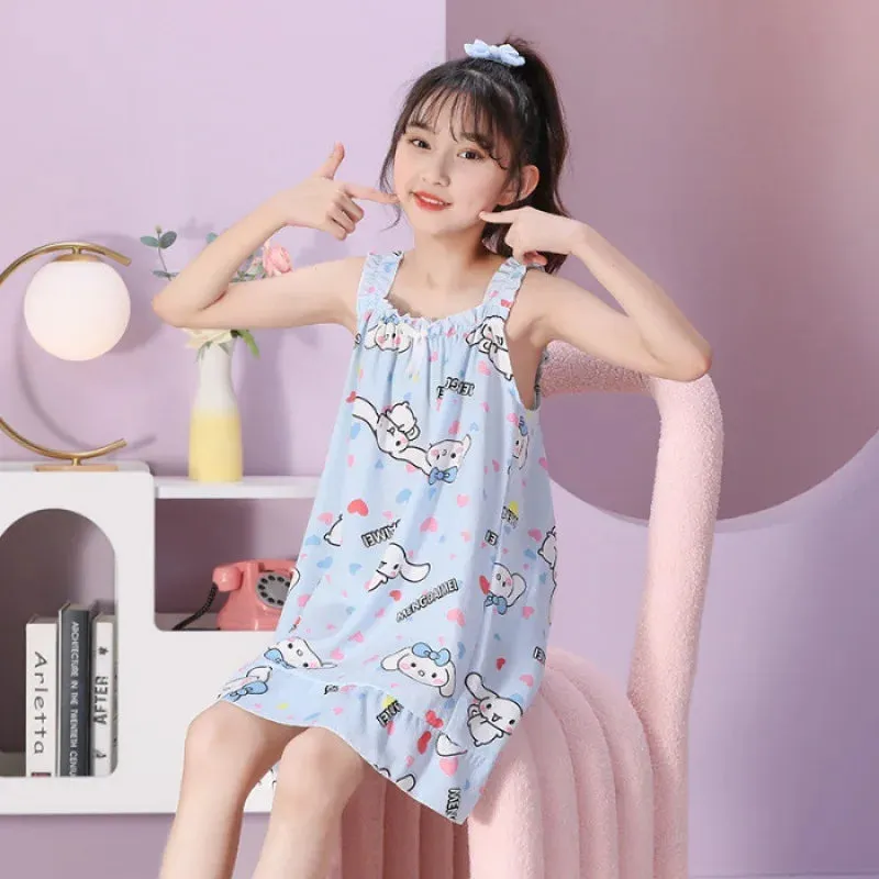 Summer  Pajamas Cotton Polka Dot Suspender Dress Pajamas Children's Thin Girls Summer Cute Breathable Short Sleeved Home Clothes