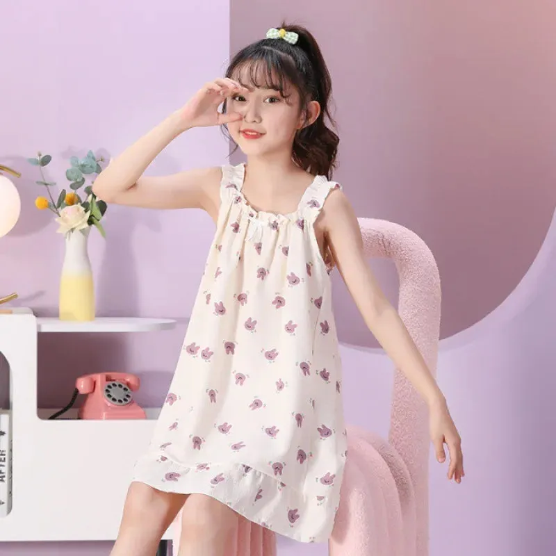 Summer  Pajamas Cotton Polka Dot Suspender Dress Pajamas Children's Thin Girls Summer Cute Breathable Short Sleeved Home Clothes