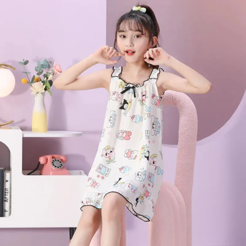 Summer  Pajamas Cotton Polka Dot Suspender Dress Pajamas Children's Thin Girls Summer Cute Breathable Short Sleeved Home Clothes