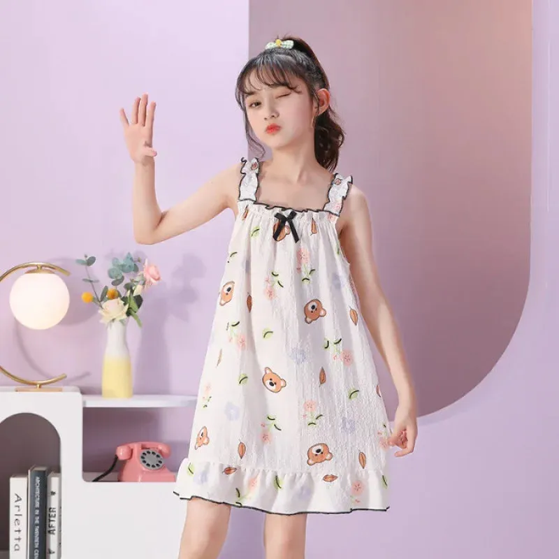 Summer  Pajamas Cotton Polka Dot Suspender Dress Pajamas Children's Thin Girls Summer Cute Breathable Short Sleeved Home Clothes