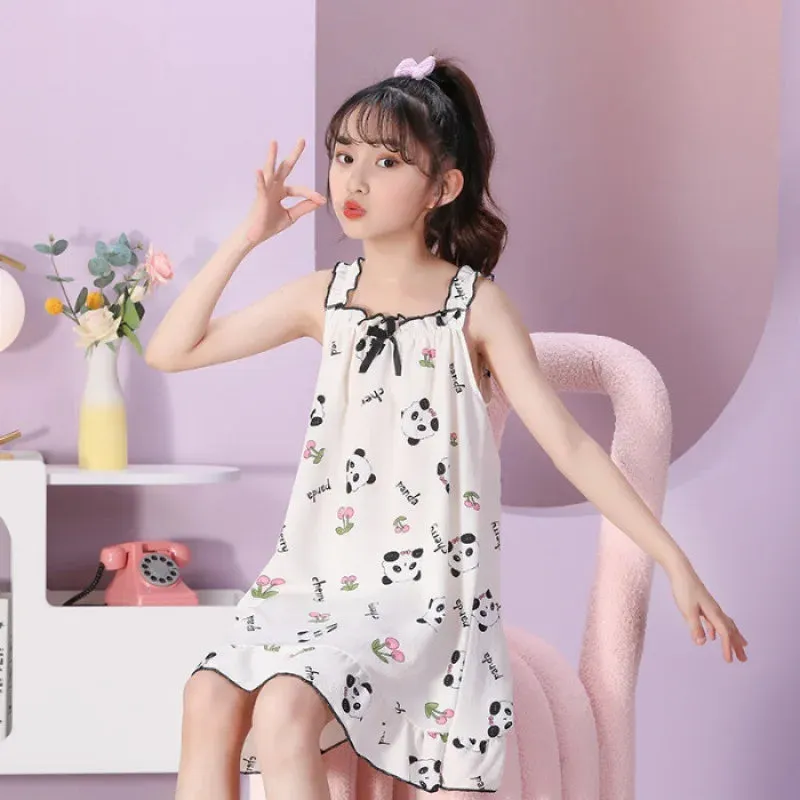 Summer  Pajamas Cotton Polka Dot Suspender Dress Pajamas Children's Thin Girls Summer Cute Breathable Short Sleeved Home Clothes