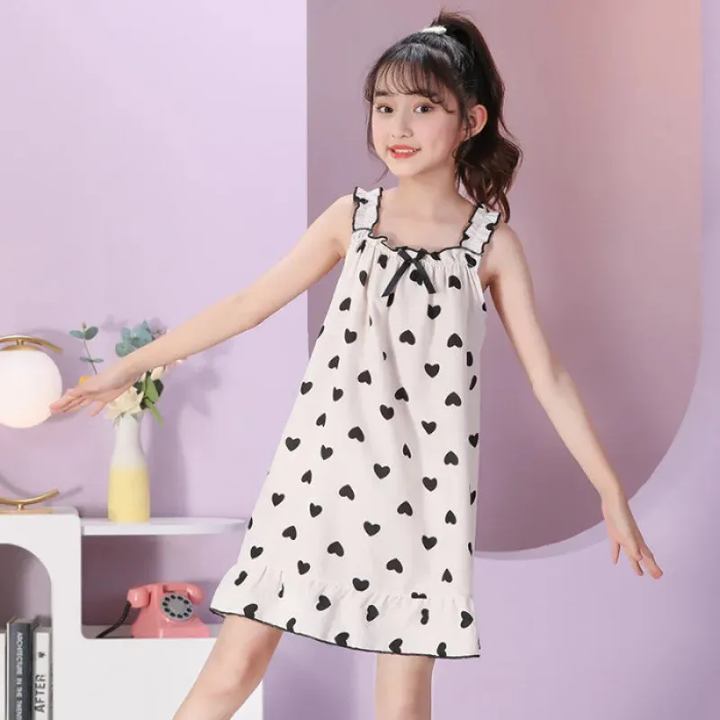 Summer  Pajamas Cotton Polka Dot Suspender Dress Pajamas Children's Thin Girls Summer Cute Breathable Short Sleeved Home Clothes