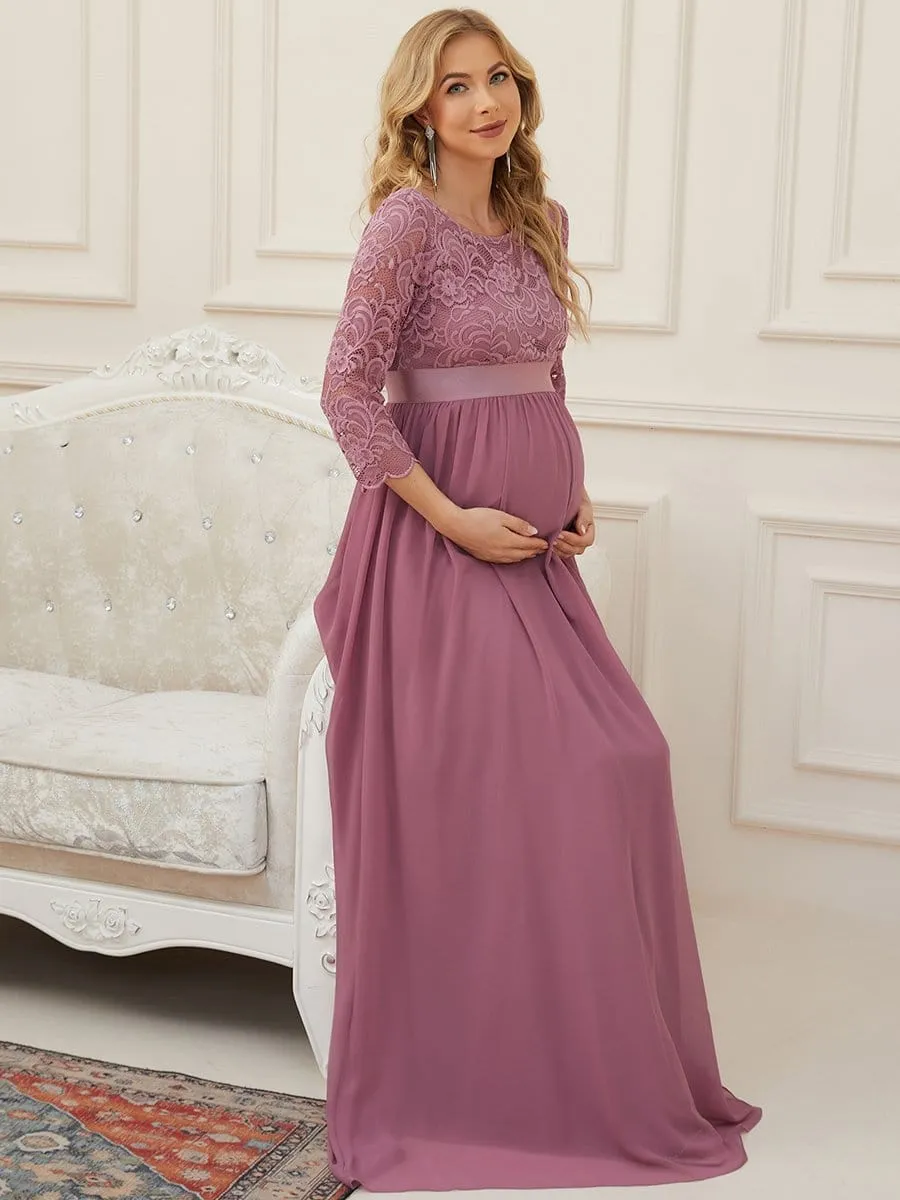 Sweetheart 3/4 Sleeve Floor-Length Lace Bump Friendly Dress