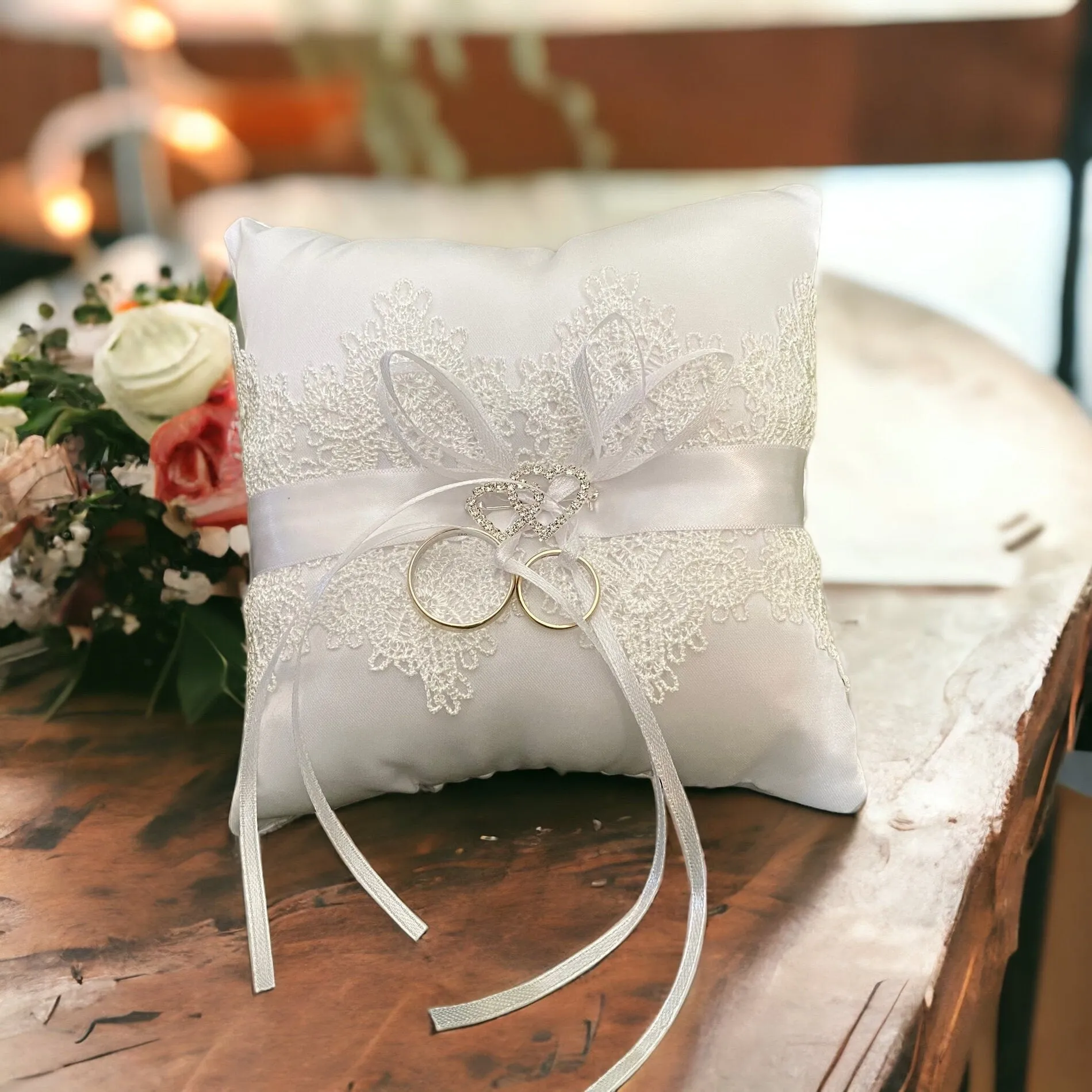 White Lacy diamanté heart ring bearer pillow, Ring Cushion, Ring Bearer Pillow, Heart Ring Cushion, Page Boy Cushion, Lacy Cushion