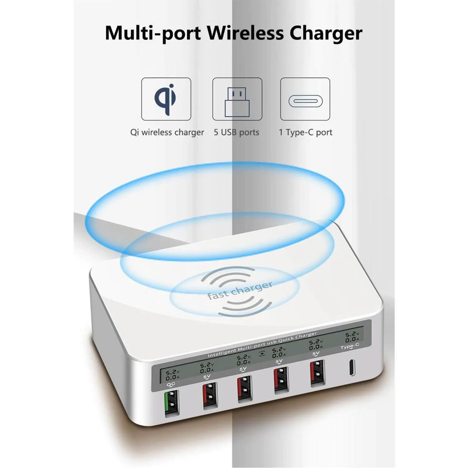 Wireless Charging Station - 5 USB Ports, 1 USB-C Port